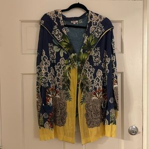Jonny Was Hooded Cardigan multi color blue and yellow. Size Large